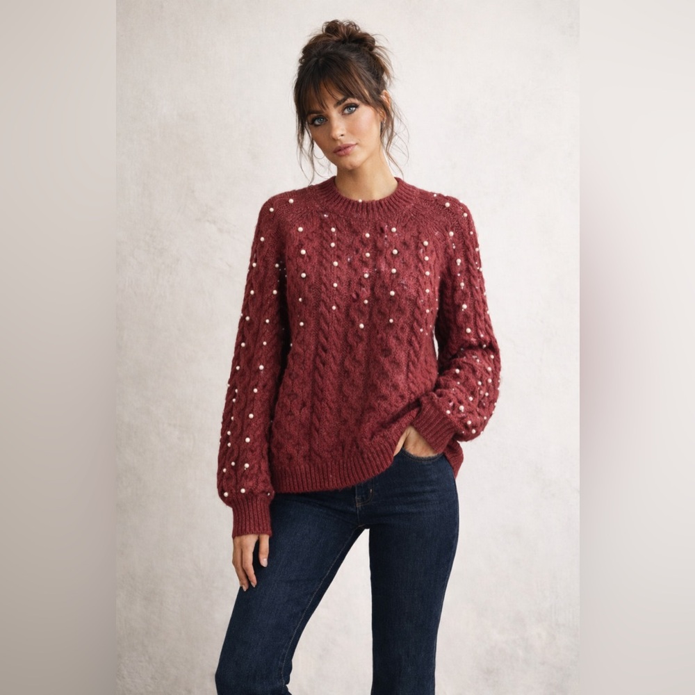 In Loom‎ Chunky Cable Knit Pearl Sweater | Burgundy | Size L | Cottagecore